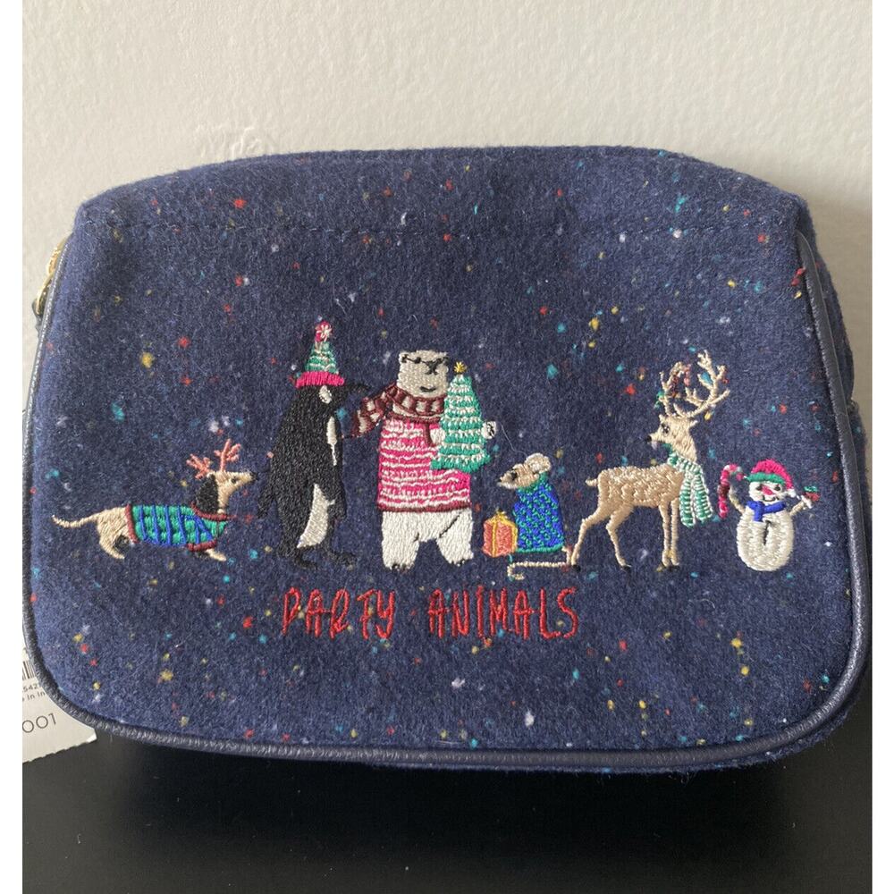NWT Talbots Party Animals Navy Speckled Small Wristlet Christmas Embroidered Bag - Picture 2 of 7